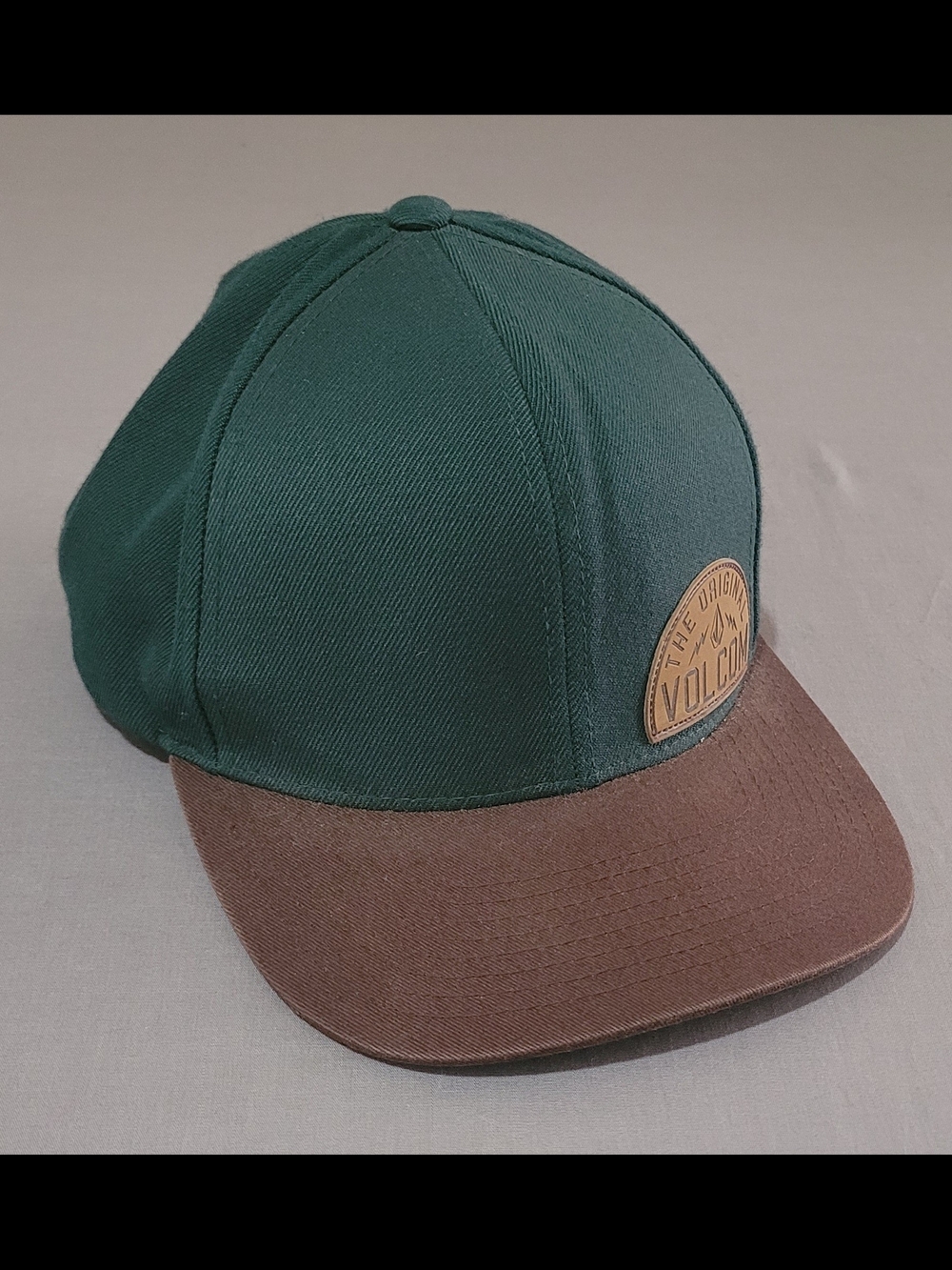 Volcom Green and Brown Snapback Cap with Leather Logo
